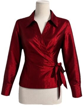 Sunny Taylor Deep Burgundy Red 100% Silk Petite Wrap Blouse